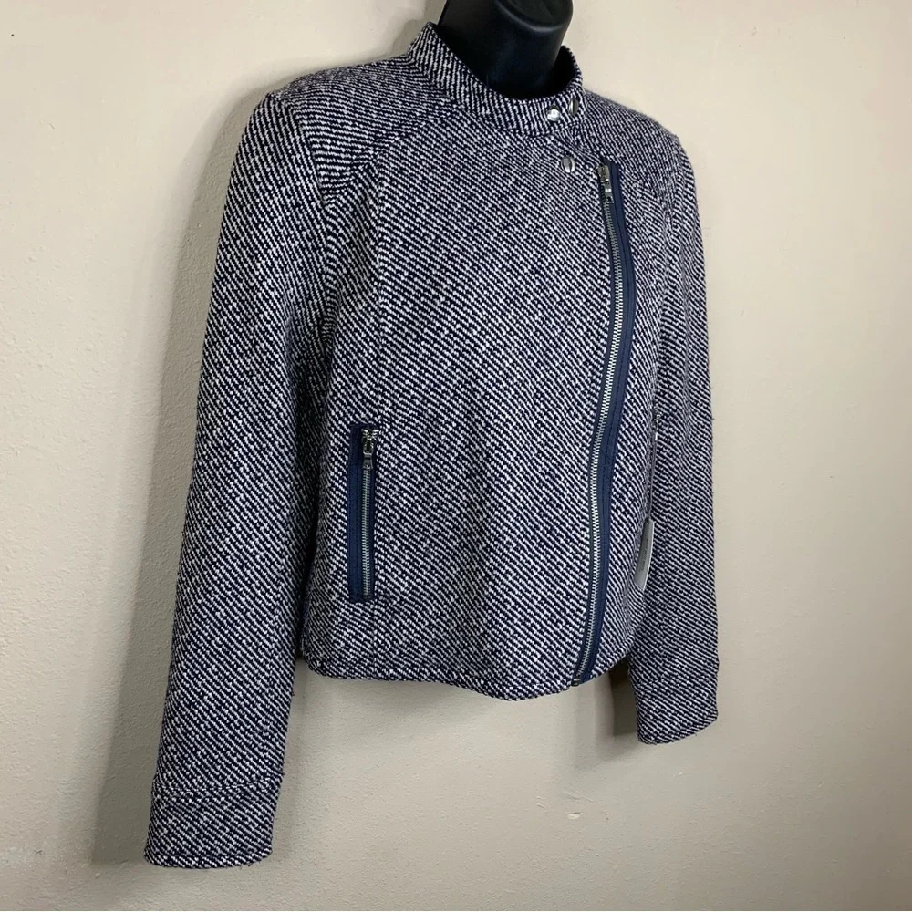 Small New Gap Wool Tweed Blue White Moto Coat Jacket Zip Closure Long Sleeve